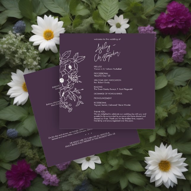 Minimal Floral Botanical Eggplant Purple Wedding Program (Creator Uploaded)