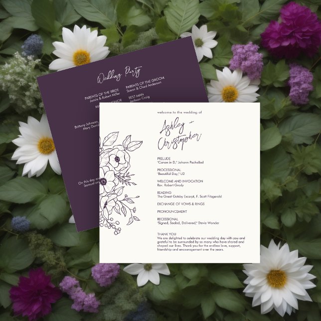 Minimal Floral Botanical Eggplant Purple Wedding Program (Creator Uploaded)