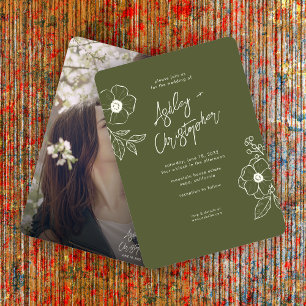 Minimal Floral Botanical Moss Green Photo Wedding Invitation