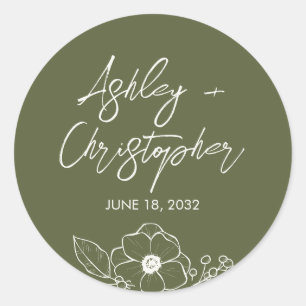 Minimal Floral Botanical Moss Green Wedding Classic Round Sticker