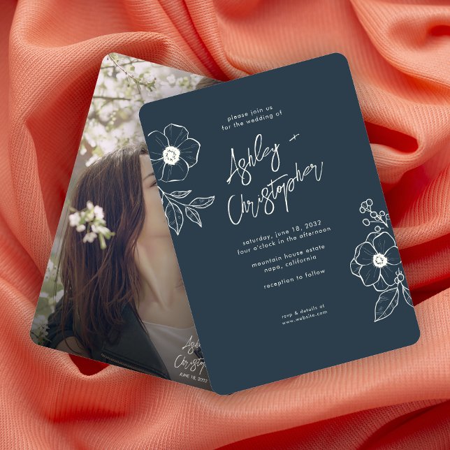 Minimal Floral Botanical Navy Blue Photo Wedding Invitation (Creator Uploaded)