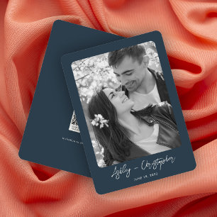 Minimal Floral Botanical Navy Blue Photo Wedding Save The Date