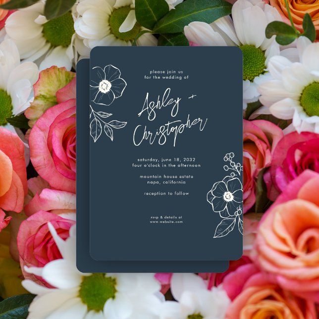 Minimal Floral Botanical Navy Blue Wedding Invitation (Creator Uploaded)