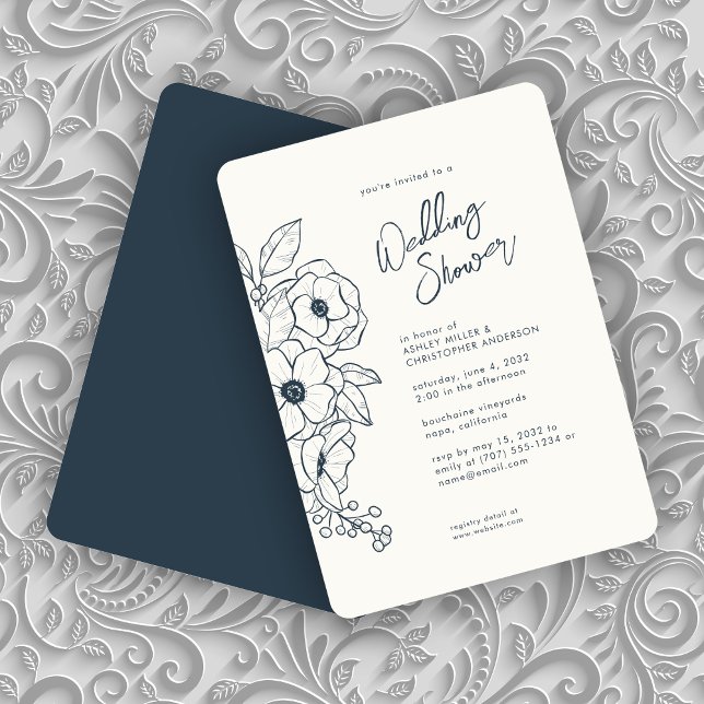 Minimal Floral Botanical Navy Blue Wedding Shower Invitation (Creator Uploaded)