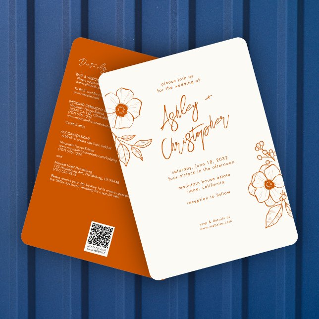 Minimal Floral Botanical Orange All-in-One Wedding Invitation (Creator Uploaded)