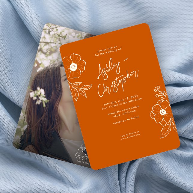 Minimal Floral Botanical Orange Photo Wedding Invitation (Creator Uploaded)