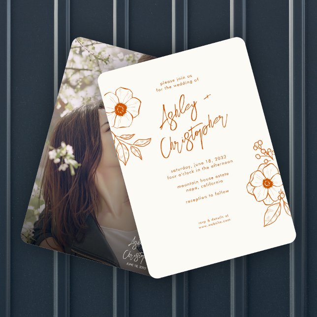 Minimal Floral Botanical Orange Photo Wedding Invitation (Creator Uploaded)