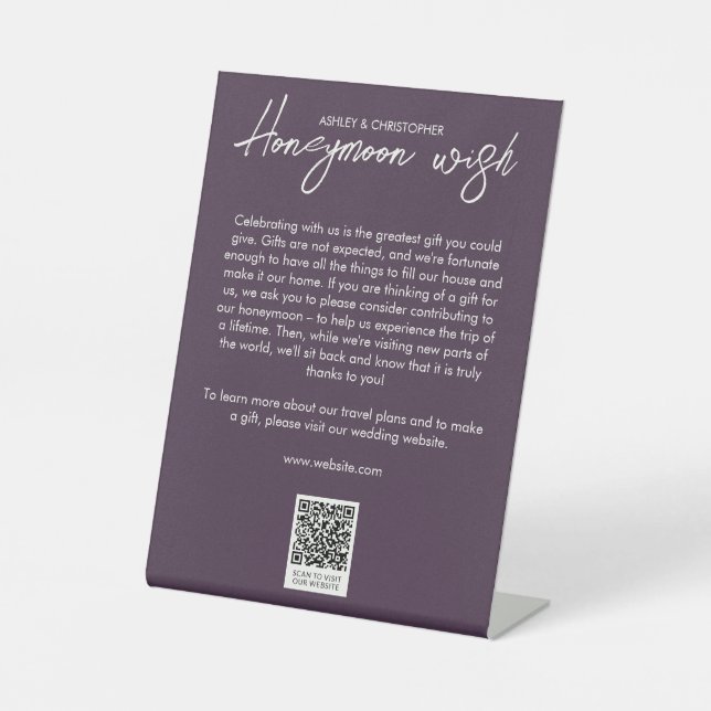 Minimal Floral Botanical Purple Honeymoon Fund Pedestal Sign (Front)