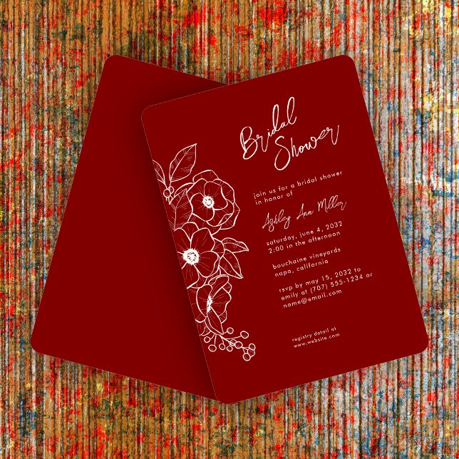 Minimal Floral Botanical Ruby Red Bridal Shower Invitation (Creator Uploaded)