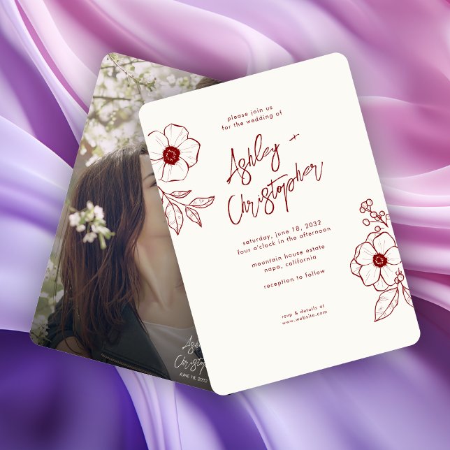 Minimal Floral Botanical Ruby Red Photo Wedding Invitation (Creator Uploaded)