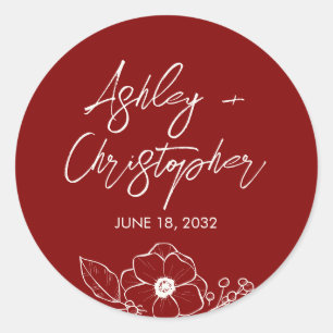 Minimal Floral Botanical Ruby Red Wedding Classic Round Sticker
