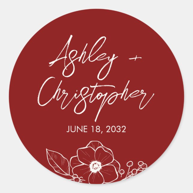 Minimal Floral Botanical Ruby Red Wedding Classic Round Sticker (Front)