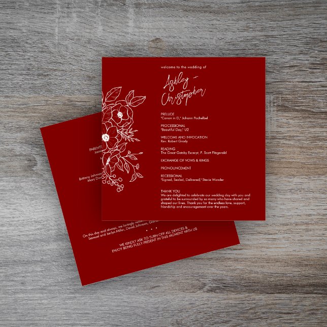 Minimal Floral Botanical Ruby Red Wedding Program (Creator Uploaded)