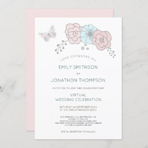 Minimal Floral Butterfly Blue Pink Virtual Wedding Invitation