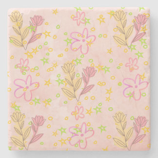 Minimal floral doodle pattern -pastel colour art  stone coaster