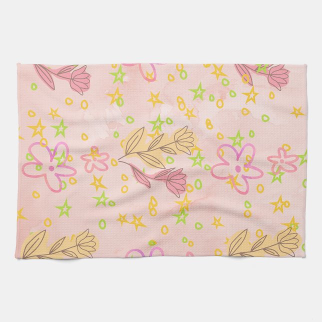 Minimal Floral Doodle Pattern –Pastel Pink pattern Tea Towel (Horizontal)