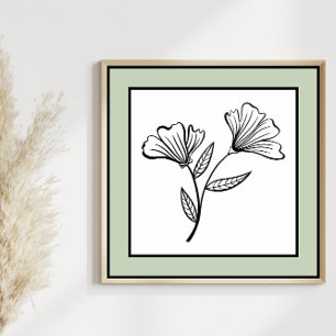 Minimal Floral Duo Black Lines Pale Green Border Poster