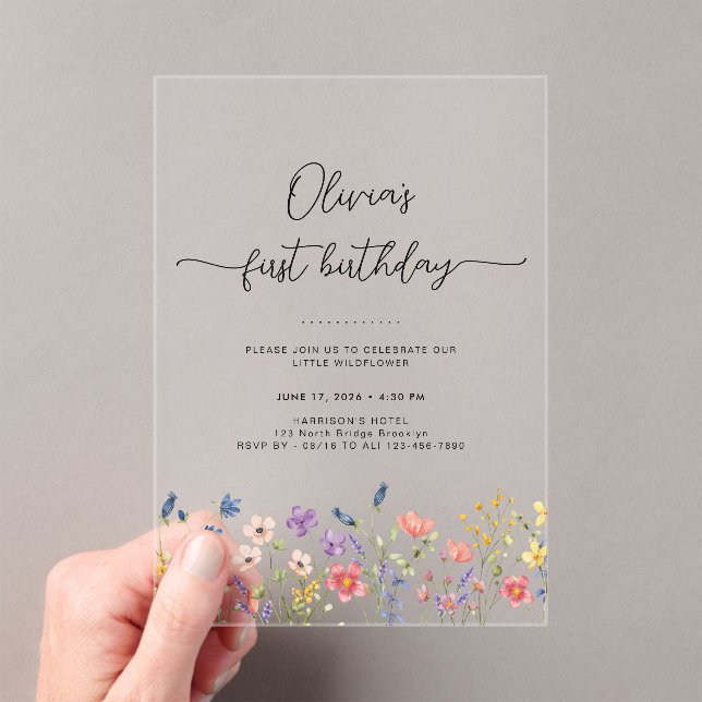 Minimal Floral First Birthday Acrylic Invitation (Insitu (Handheld))