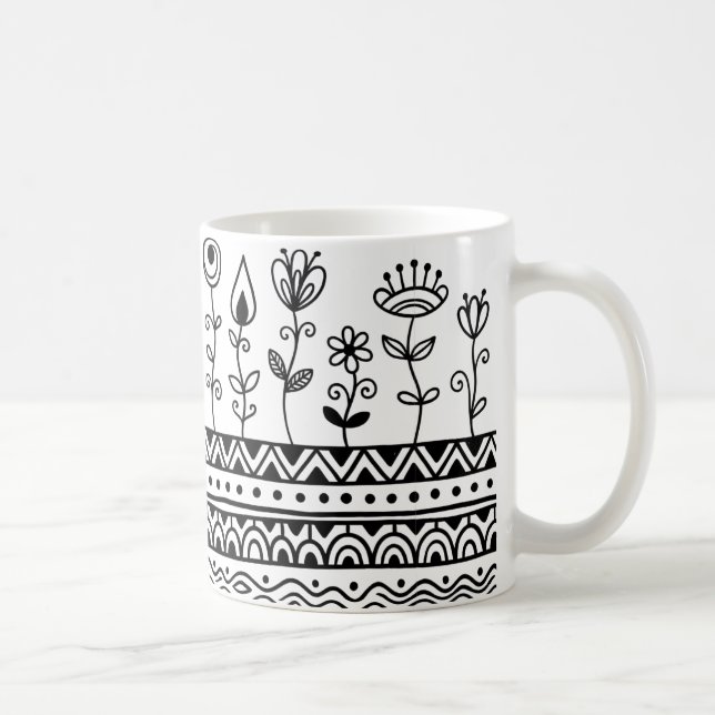 Minimal Floral Folk Pattern Mug – Boho Line Art (Right)