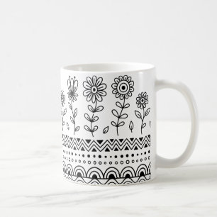 Minimal Floral Folk Pattern Mug – Boho Line Art