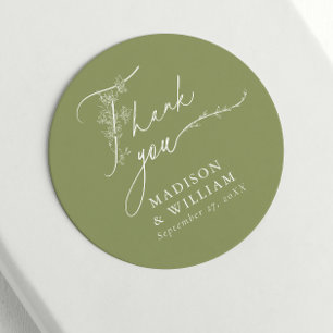Minimal Floral Moss Green Thank You Favour Wedding Classic Round Sticker