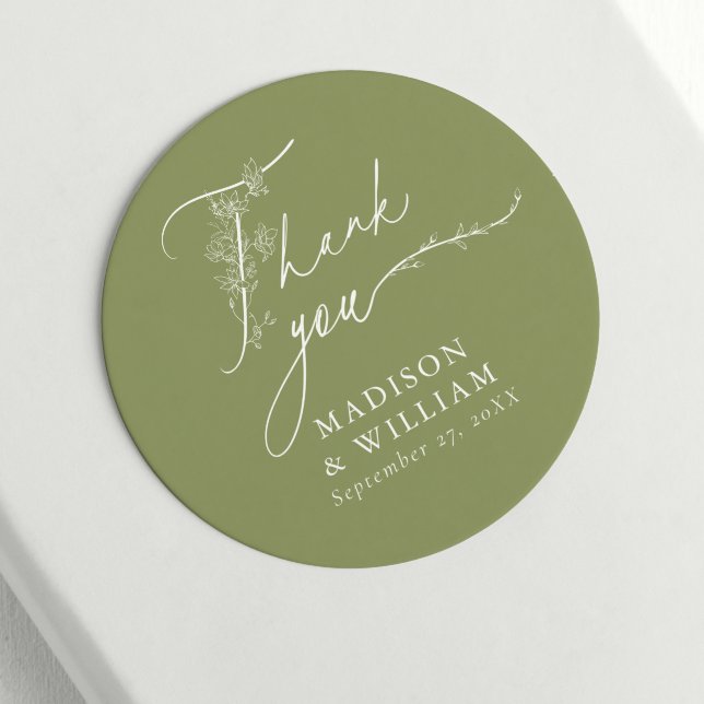 Minimal Floral Moss Green Thank You Favour Wedding Classic Round Sticker (Creator Uploaded)