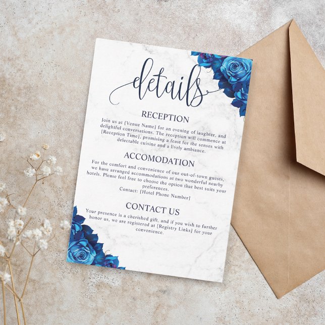 Minimal Floral Navy Blue Marble Wedding Details  Enclosure Card (Creator Uploaded)