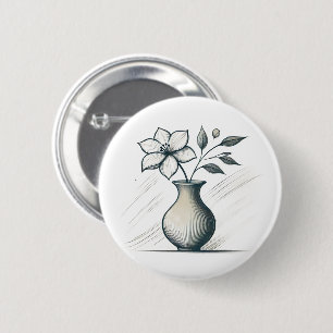 Minimal Floral Vase Line ArtElegant Flower Sketch 6 Cm Round Badge