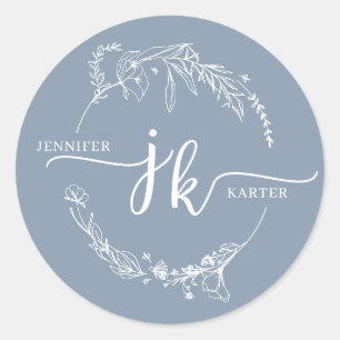 Minimal Floral Wreath Dusty Blue Monogram Wedding Classic Round Sticker