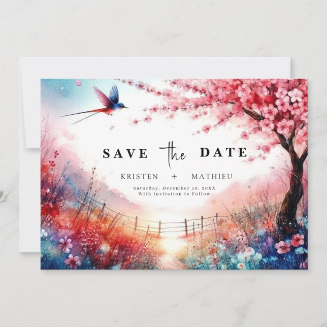 Minimal Florals Cherry Blossom Wedding Save The Date (Front)