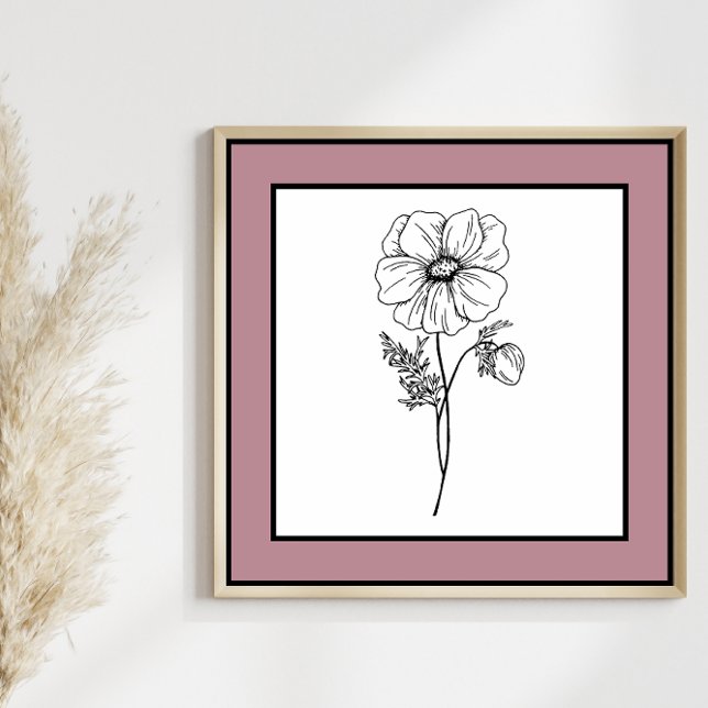 Minimal Flower Black Line Art Mauve Plum Border Poster (Creator Uploaded)
