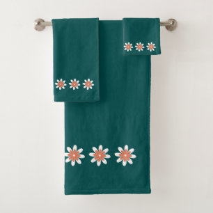 Minimal Flower Border Retro Deep Teal Bath Towel Set