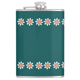 Minimal Flower Border Retro Deep Teal Hip Flask