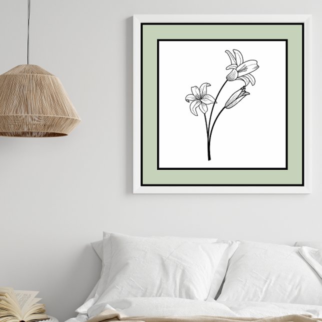 Minimal Flowers Black Line Art Pale Green Border Poster (Creator Uploaded)