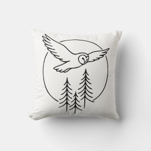 Minimal Flying Owl Over Pines – Forest Line Art Il Cushion