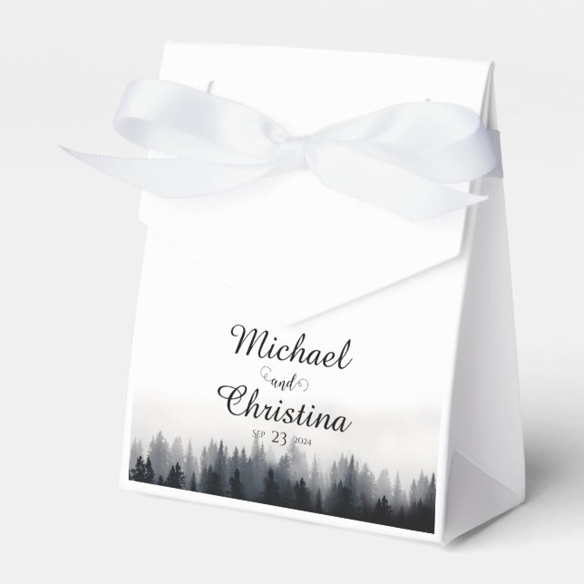 Minimal foggy spruce forest nature wedding favour box (Front Side)