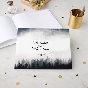Minimal foggy spruce forest nature wedding guest book