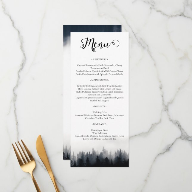 Minimal foggy spruce forest nature wedding menu (Front/Back In Situ)