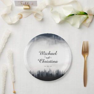Minimal foggy spruce forest nature wedding paper plate