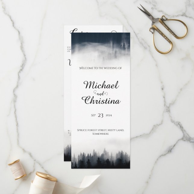 Minimal foggy spruce forest nature wedding program (Front/Back In Situ)