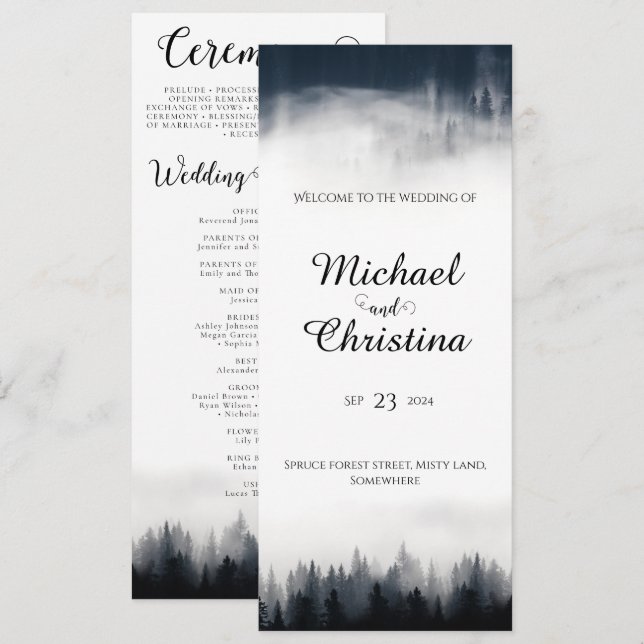 Minimal foggy spruce forest nature wedding program (Front/Back)
