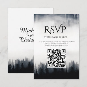 Minimal foggy spruce forest nature wedding RSVP card