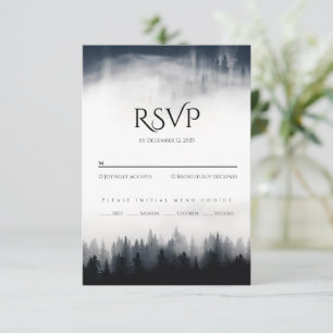 Minimal foggy spruce forest nature wedding RSVP card