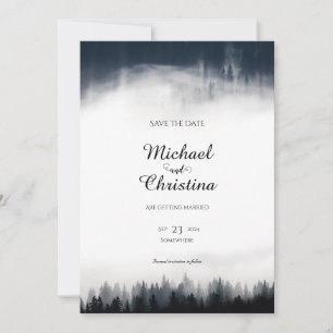 Minimal foggy spruce forest nature wedding save the date