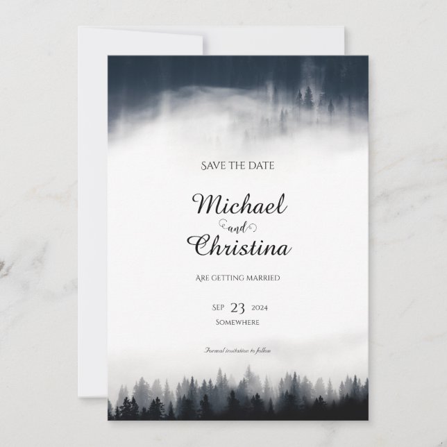 Minimal foggy spruce forest nature wedding save the date (Front)