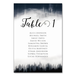 Minimal foggy spruce forest nature wedding table number