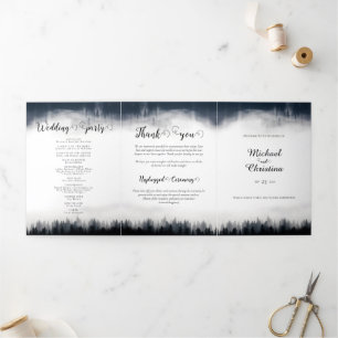Minimal foggy spruce forest nature wedding Tri-Fold programme