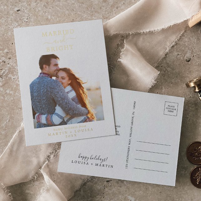 Minimal Foil Married and Bright Thank You Newlywed Holiday Postcard (Creator Uploaded)