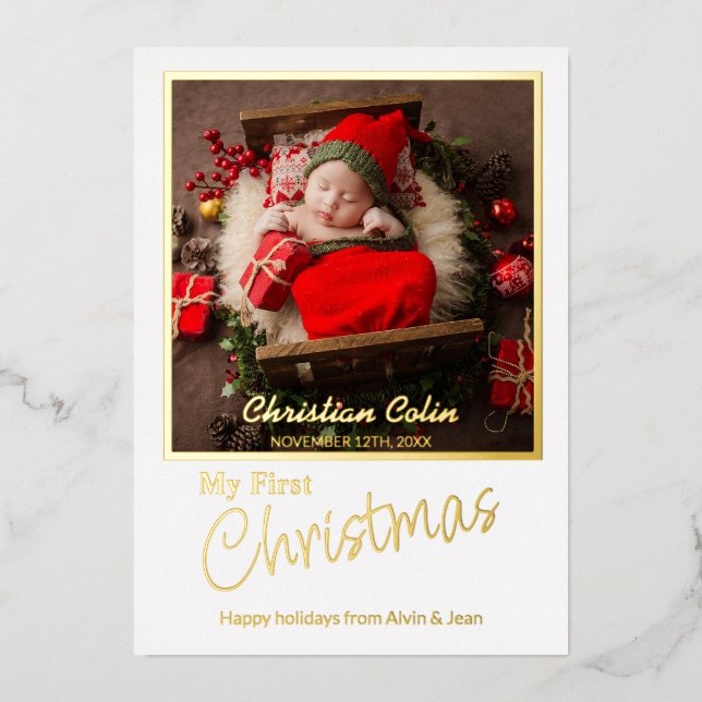 Minimal Foil My First Christmas Baby Birth Photo Holiday Card (Front)