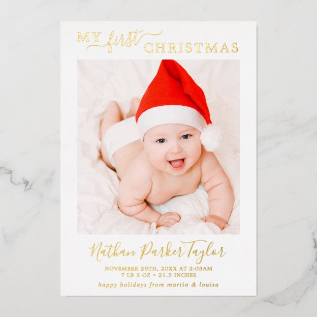 Minimal Foil My First Christmas Baby Birth Photo Holiday Card (Front)